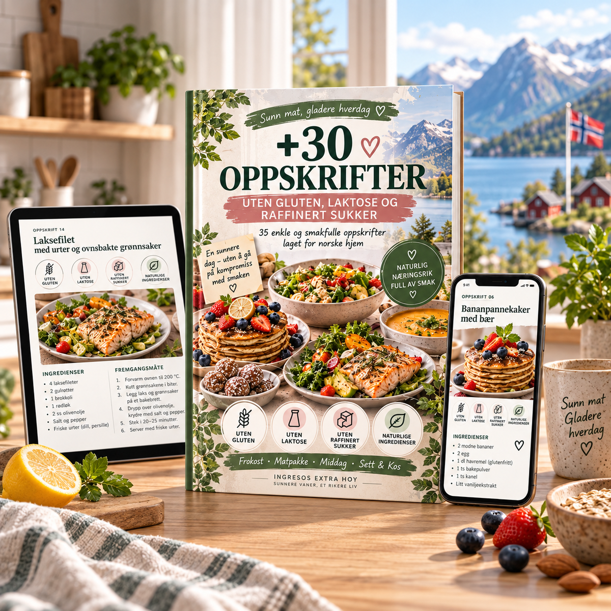 +30 Oppskrifter uten gluten, laktose og raffinert sukker